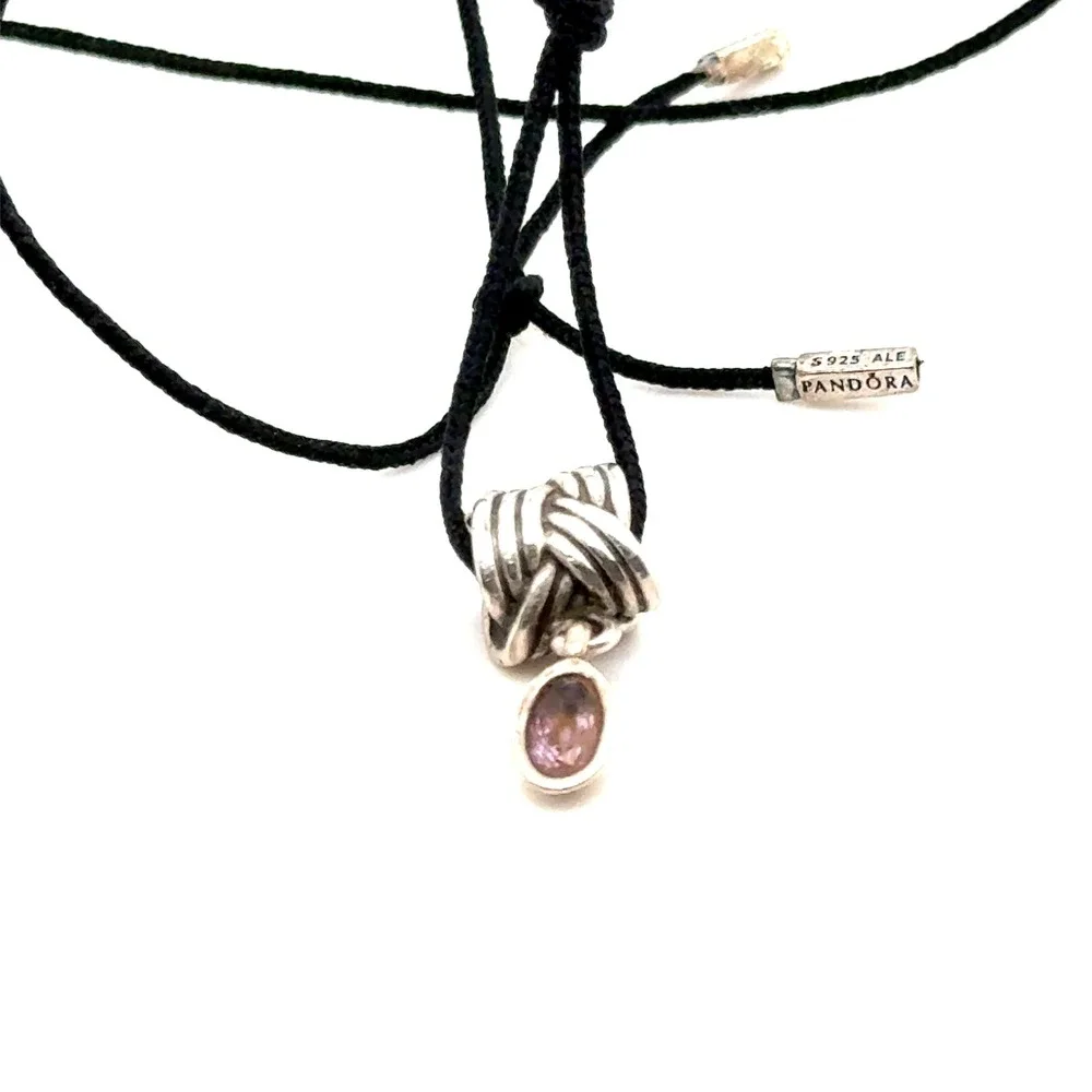 Pandora Sterling Silver Love Knot Pink Stone Charm Black Cord Necklace Bracelet
